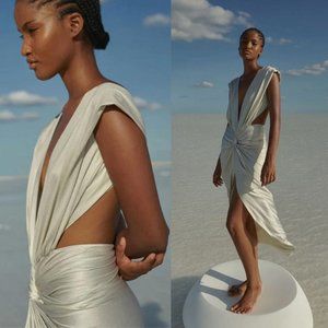 Baobab Mia Plunge V-Neck Gathered Midi Sheath Dress, NWT Ivory